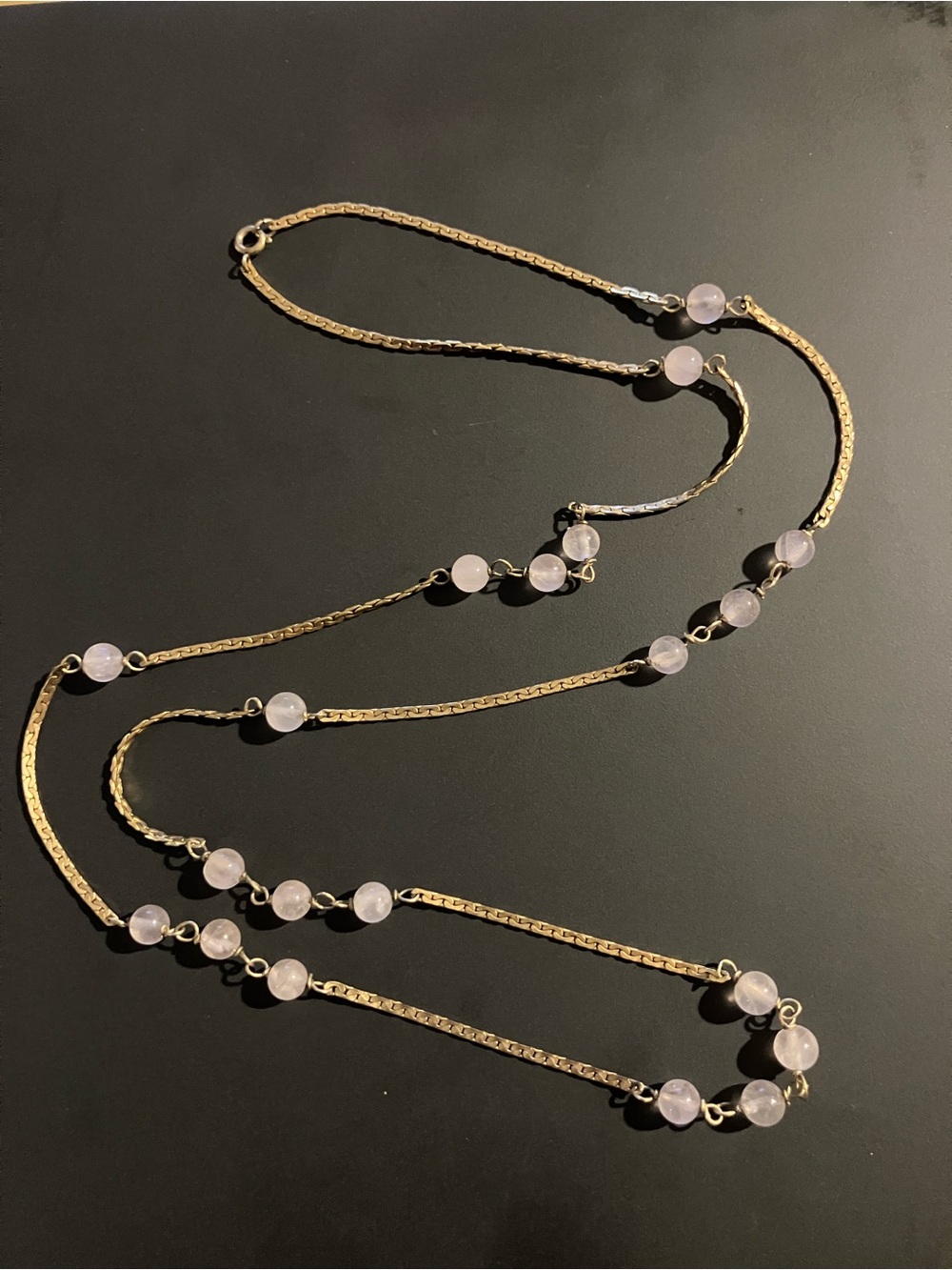 VTG 12K Gold Filled Rose Quartz Station Necklace 30” Flat Herringbone Chain
